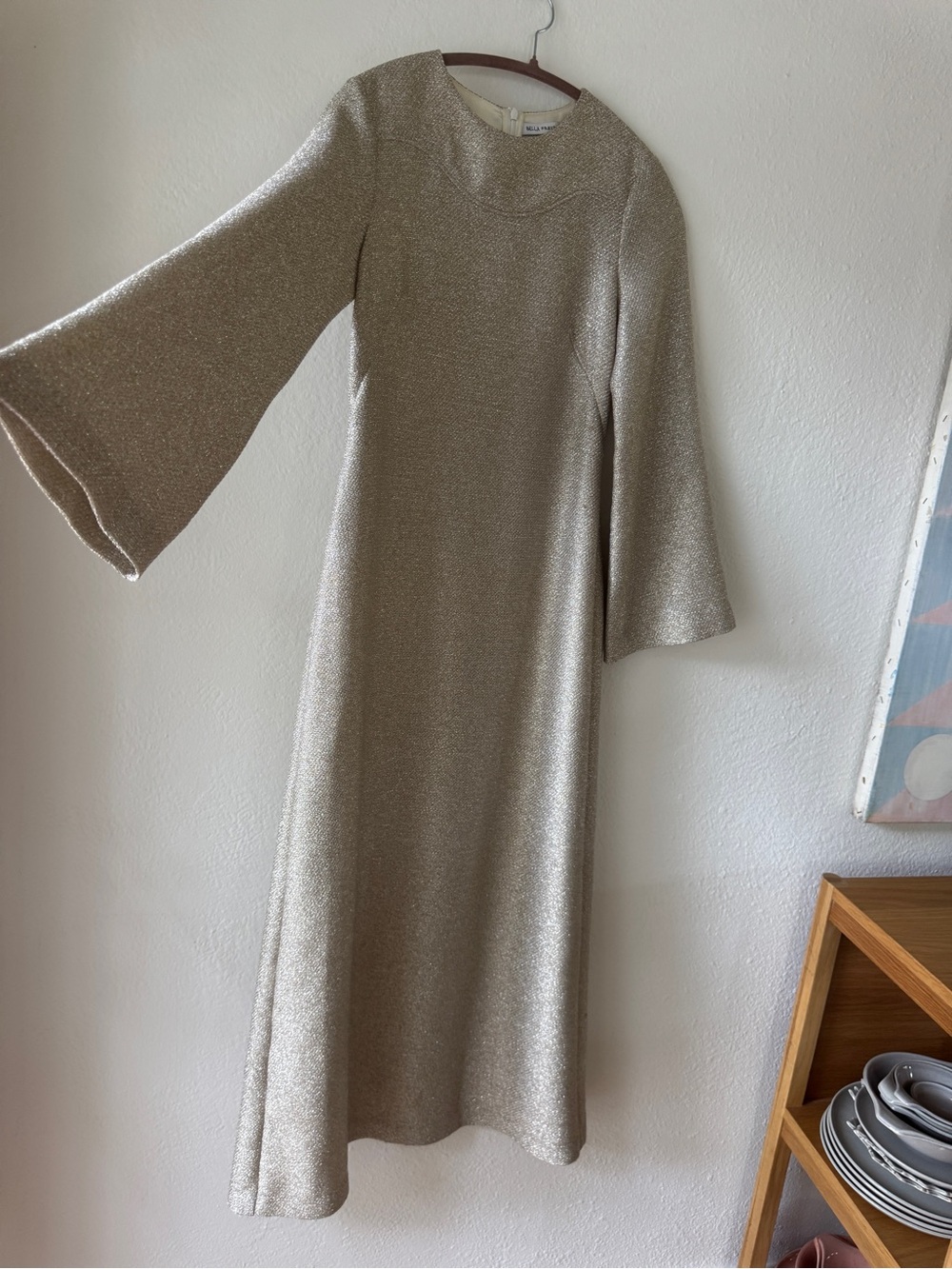 Bella Freud Hollywood DressShimmer Bell-Sleeve Maxi Dress in Champagne